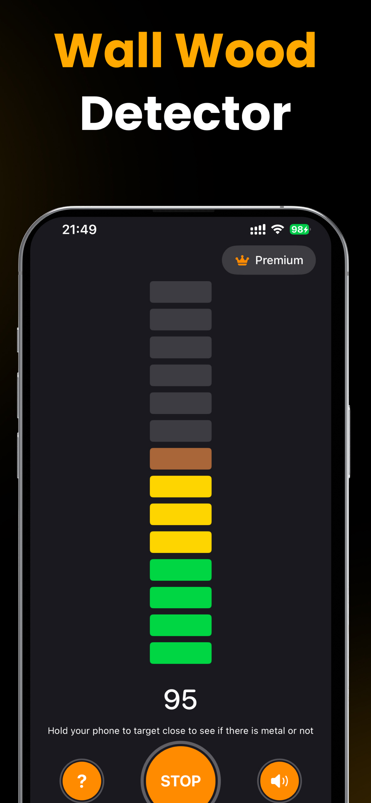 Stud Finder app scanning a wall, showing a live signal meter reading 95 with a STOP button